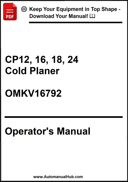 Operator's manual for CP12, 16, 18, 24 Cold Planer with a download prompt on a white background.