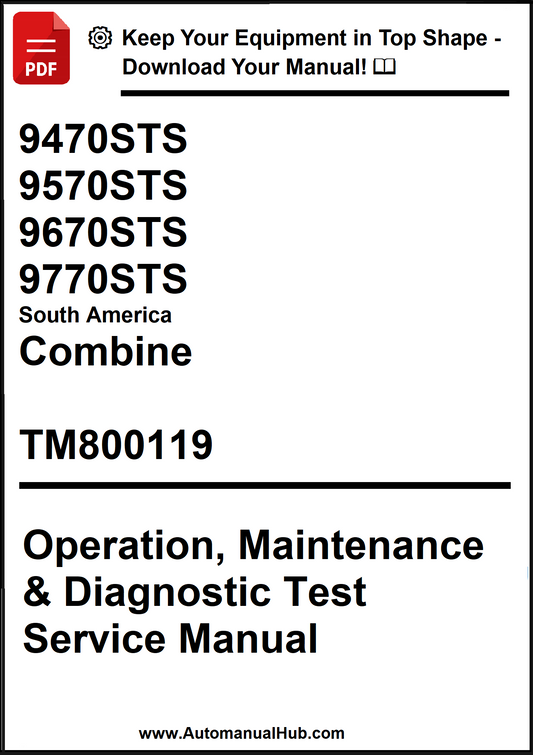 Manual cover for South America Combine Operation, Maintenance & Diagnostic Test Service Manual with text and a red PDF icon.
