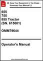 John Deere 655, 755, 855 Tractor (SN. 615001) Operator's Manual OMM79644 - PDF
