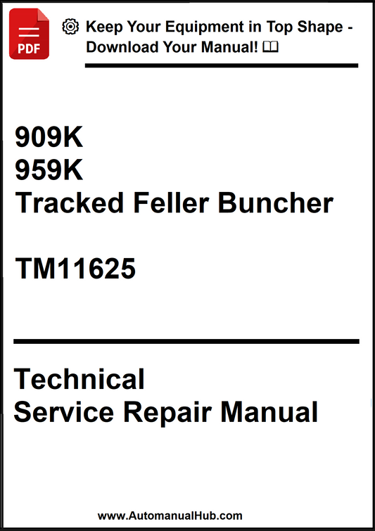Technical service repair manual for 909K and 959K tracked feller buncher with visible branding.