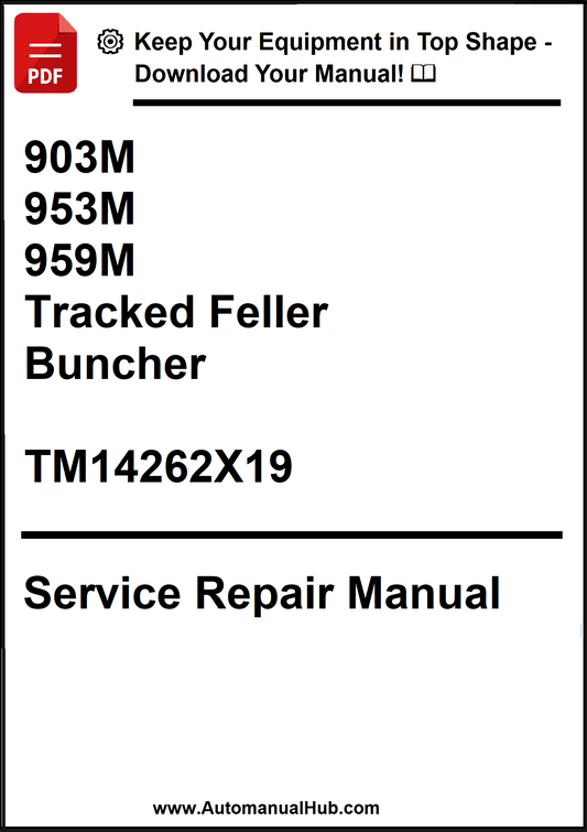 Service repair manual for tracked feller buncher models 903M, 953M, and 959M on a white background.