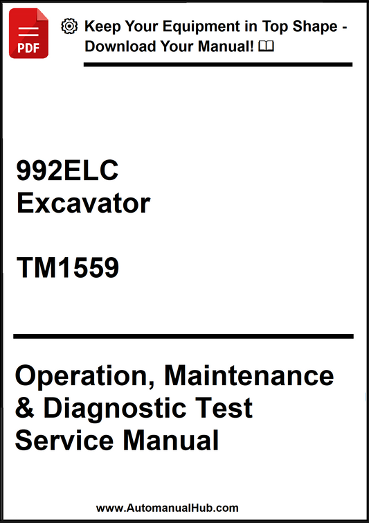 Manual cover for 992ELC Excavator Operation, Maintenance & Diagnostic Test Service Manual with a red PDF icon.