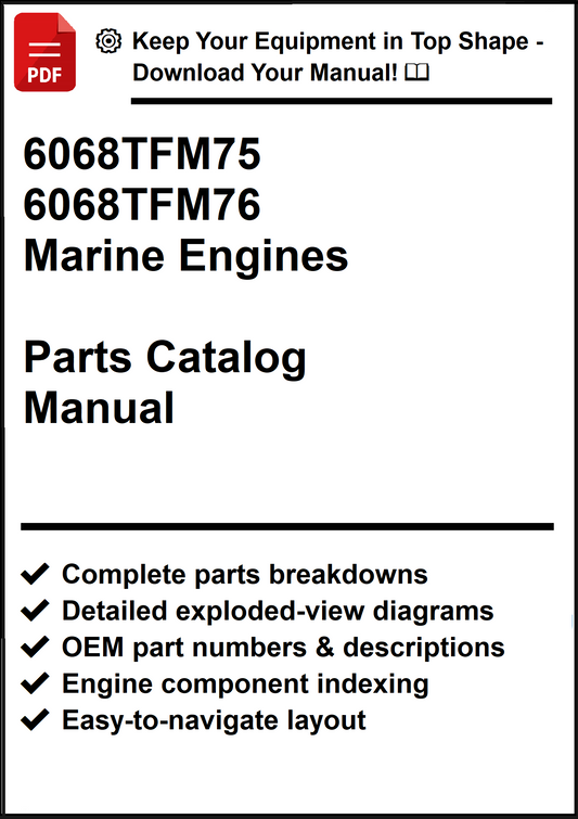 John Deere 6068TFM75 – 6068TFM76 Marine Engines Parts Catalog Manual - PDF