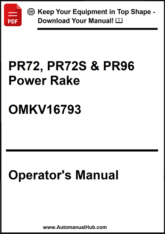 Operator's manual for PR72, PR72S & PR96 Power Rake with a download prompt at the top.