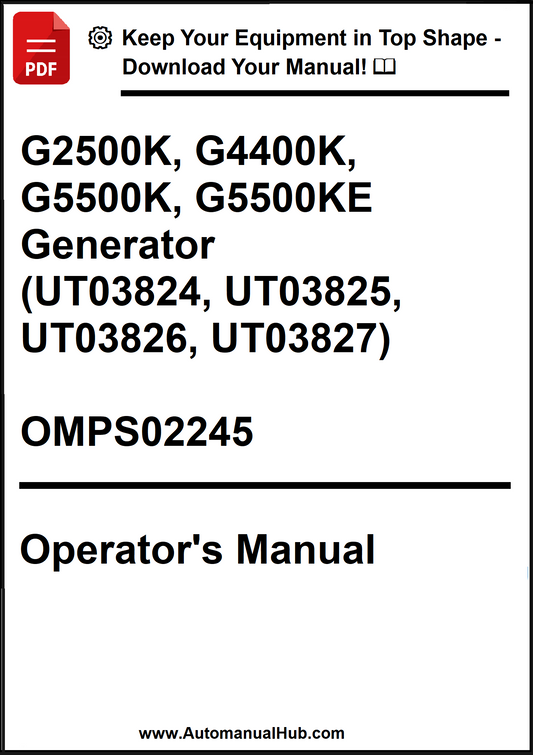 Operator's manual for G2500K, G4400K, G5500K, and G5500KE generators with a download prompt.