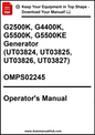 Operator's manual for G2500K, G4400K, G5500K, and G5500KE generators with a download prompt.