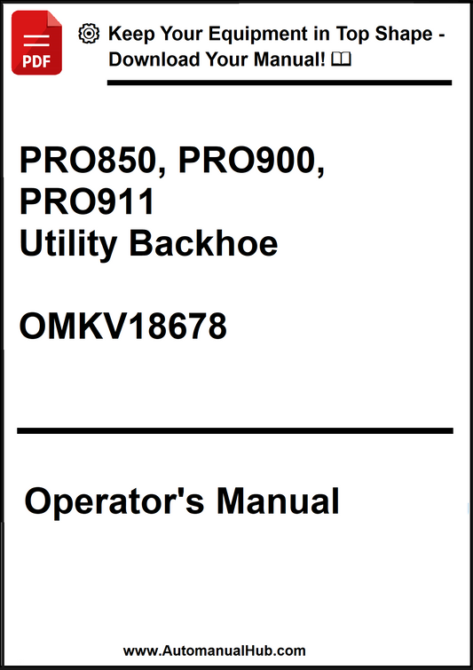 Operator's manual for Pro850, Pro900, and Pro911 Utility Backhoe with a download prompt.