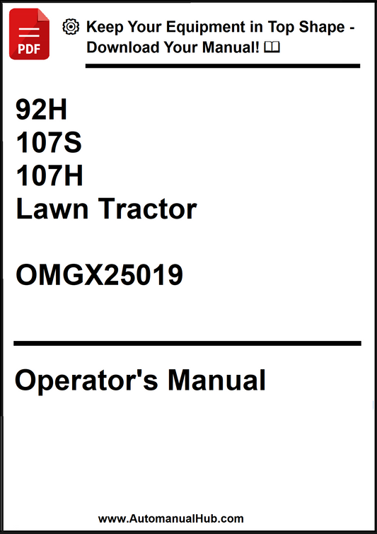 Operator's manual for a lawn tractor model 107H with a download prompt.
