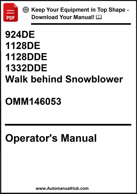 Operator's manual for a walk-behind snowblower with model numbers and a download prompt.