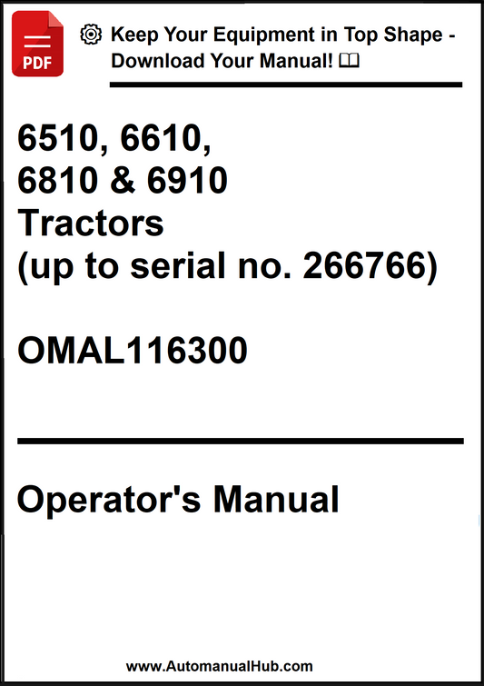 John Deere 6510, 6610, 6810 and 6910 Tractors (up to serial no. 266766) Operator’s Manual OMAL116300 - PDF