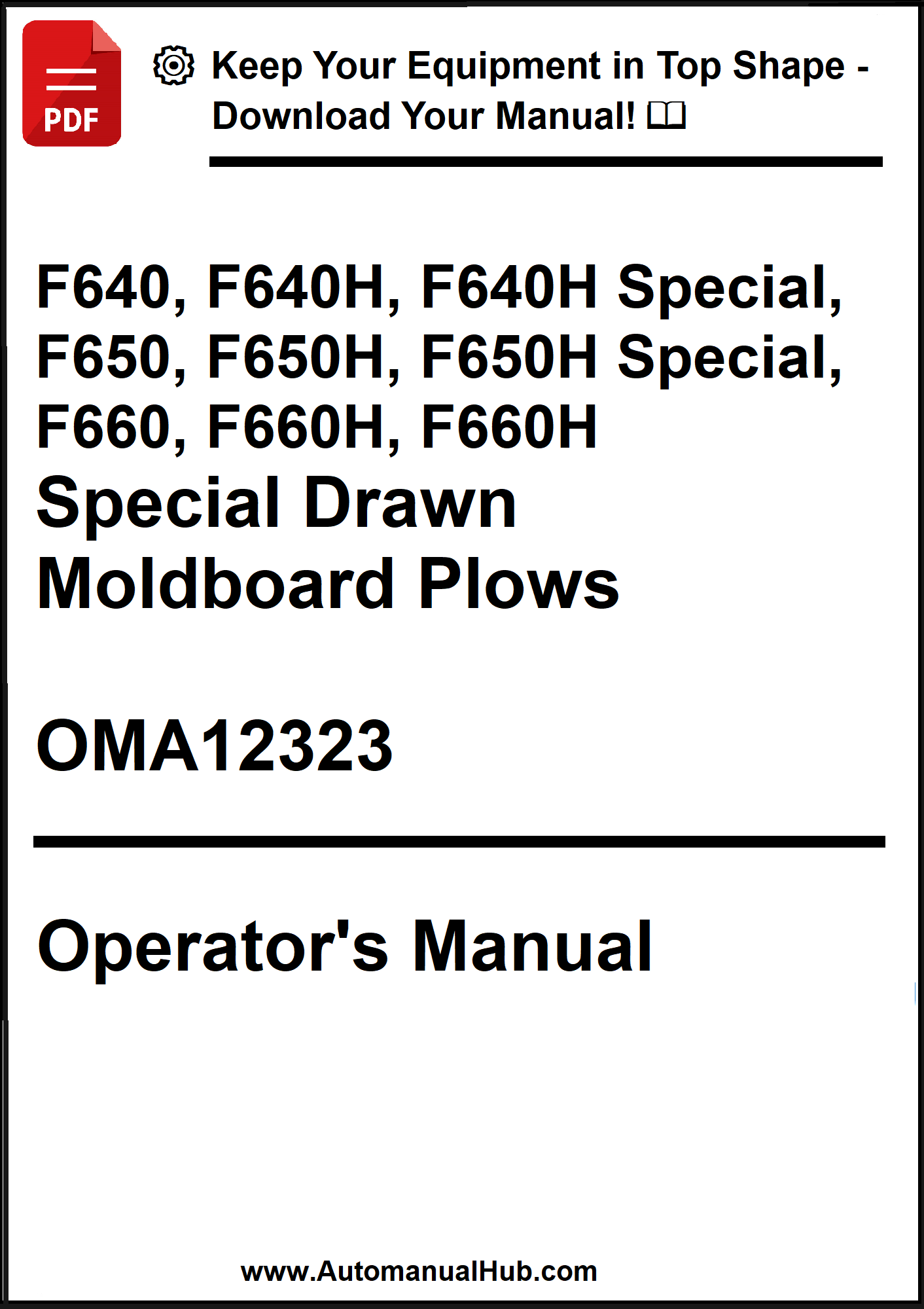 Operator's manual for moldboard plows with model numbers and OMA12323 reference.