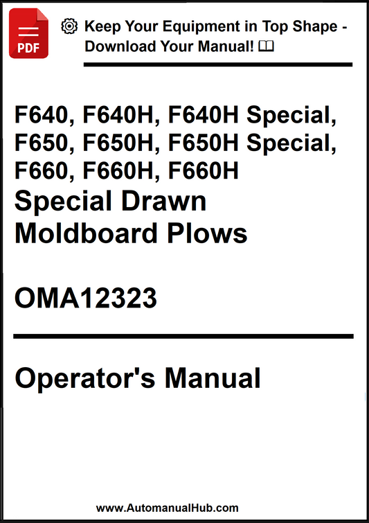 Operator's manual for moldboard plows with model numbers and OMA12323 reference.