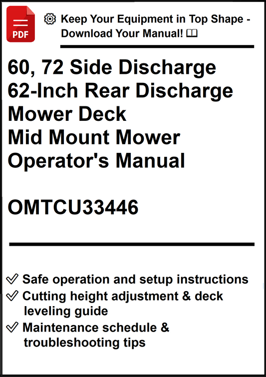 John Deere 60, 72 Side Discharge 62-Inch Rear Discharge Mower Deck For Mid Mount Mower Operator's Manual OMTCU33446 - PDF
