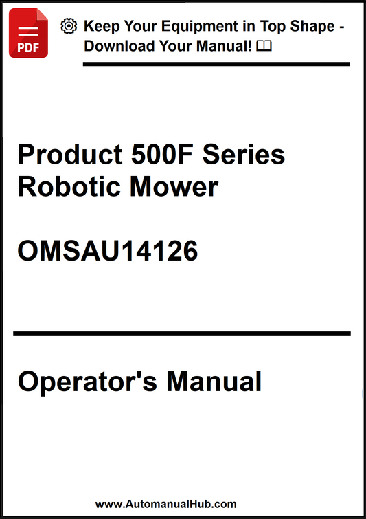 Operator's manual for Product 500F Series Robotic Mower with a download prompt at the top.