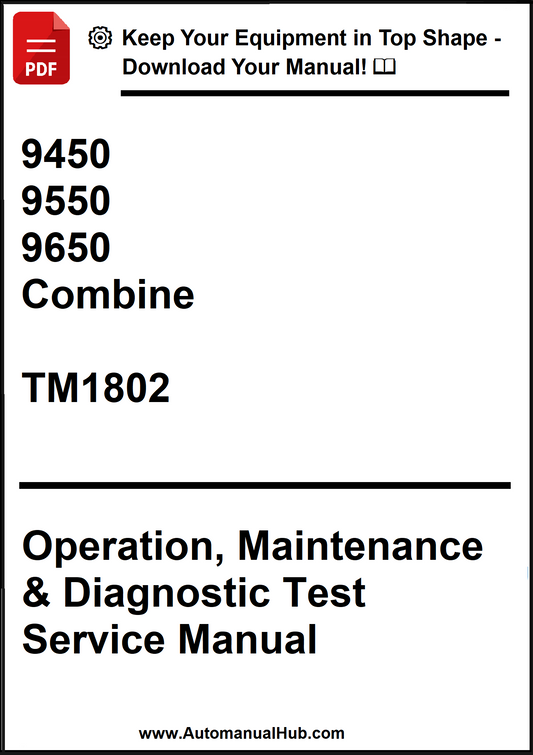 Manual cover for combine operation, maintenance, and diagnostic test service manual with model numbers and publication details.