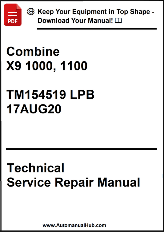 Technical service repair manual for Combine X9 1000, 1100 with publication details.