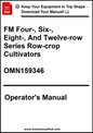 Operator's manual for FM Four-, Six-, Eight-, and Twelve-row Series Row-crop Cultivators with a download prompt.