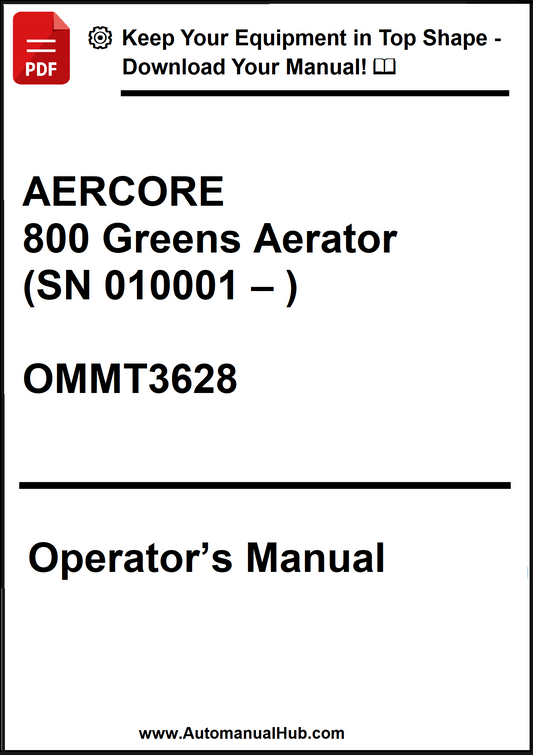 Operator's manual for AERCORE 800 Greens Aerator with contact information.