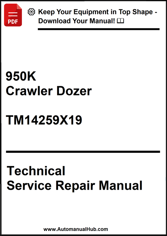 Technical service repair manual for 950K Crawler Dozer with model number TM14259X19 on a white background.