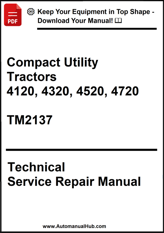 Technical service repair manual for compact utility tractors with model numbers and publication details.
