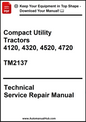 Technical service repair manual for compact utility tractors with model numbers and publication details.