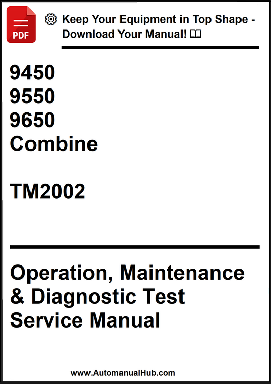 Manual cover for combine operation, maintenance, and diagnostic test service manual with model numbers and publication details.