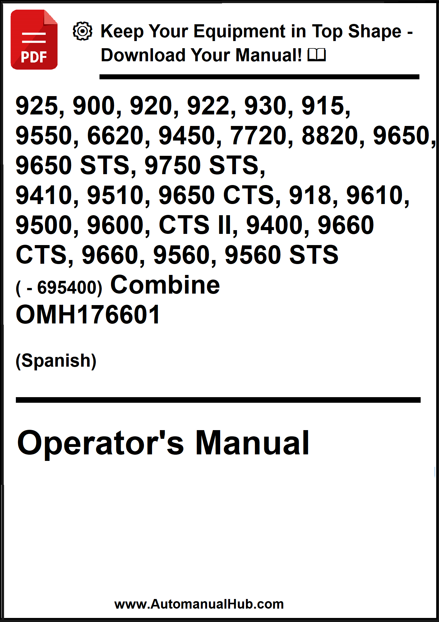 Operator's manual for agricultural equipment with model numbers and a download prompt.