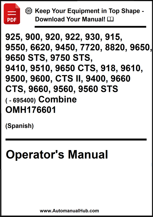 Operator's manual for agricultural equipment with model numbers and a download prompt.