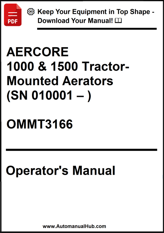 Operator's manual for AERCORE 1000 & 1500 Tractor-Mounted Aerators with contact information.