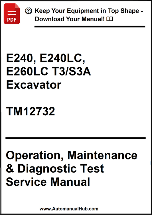 Manual cover for E240, E240LC, E260LC T3/S3A Excavator operation, maintenance, and diagnostic test service manual.