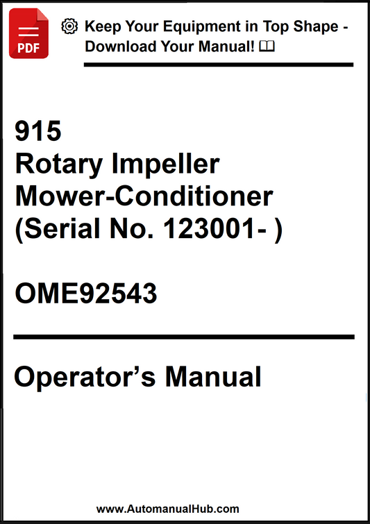 Operator's manual for a rotary impeller mower-conditioner with serial number and model details.