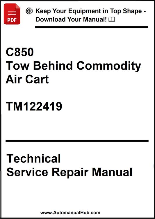Technical service repair manual for a tow behind commodity air cart model C850, with text and a download link.
