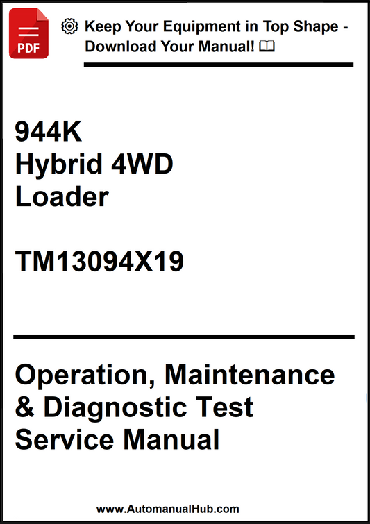 Manual cover for 944K Hybrid 4WD Loader with text about operation, maintenance, and diagnostic test service.