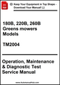 Manual cover for 180B, 220B, 260B Greens Mowers Models TM2004 with text on a white background.