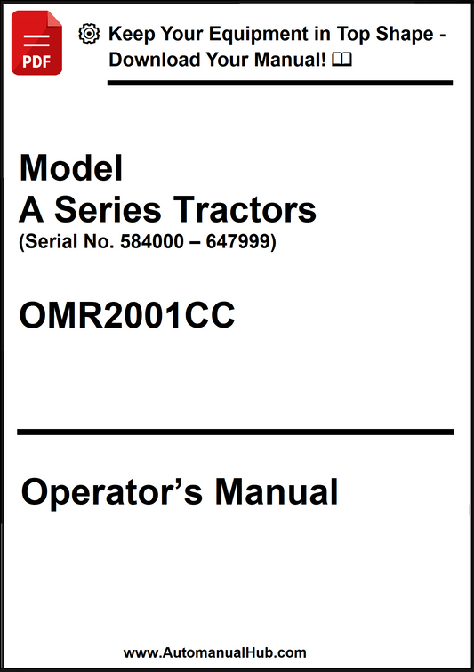 Operator's manual for Model A Series Tractors with serial number range on a white background.