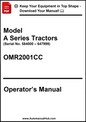 Operator's manual for Model A Series Tractors with serial number range on a white background.