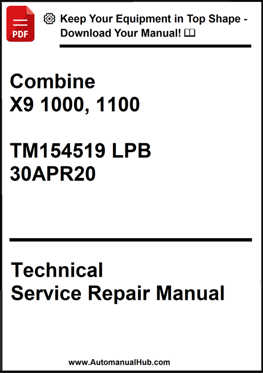 Technical service repair manual for Combine X9 1000, 1100 with publication details.