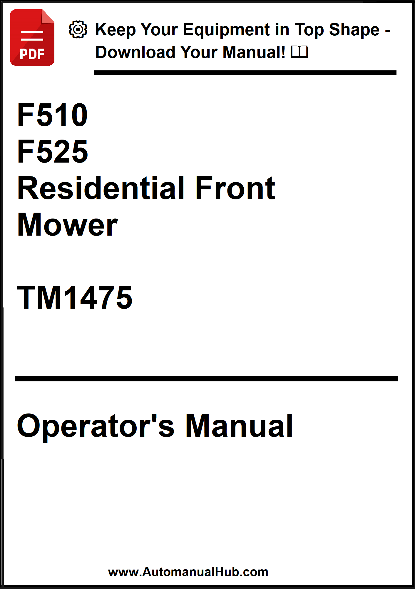 Operator's manual for a residential front mower with contact information at the bottom.