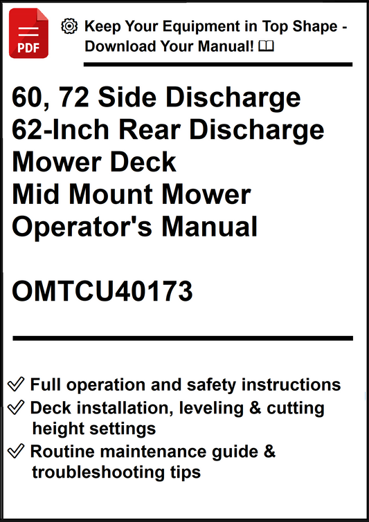 John Deere 60, 72 Side Discharge 62-Inch Rear Discharge Mower Deck For Mid Mount Mower Operator's Manual OMTCU40173 - PDF