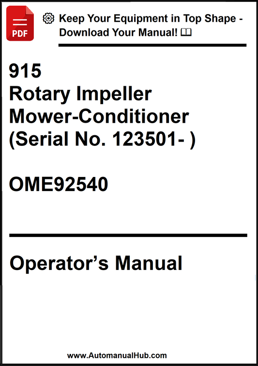 Operator's manual for a rotary impeller mower-conditioner with serial number and website information.