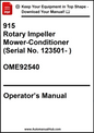 Operator's manual for a rotary impeller mower-conditioner with serial number and website information.