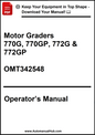 Operator's manual for Motor Graders 770G, 770GP, 772G & 772GP with a download prompt.