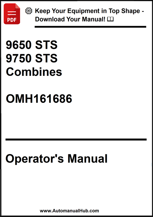 Operator's manual cover for 9650 STS, 9750 STS combines with OMH161686 on a white background.