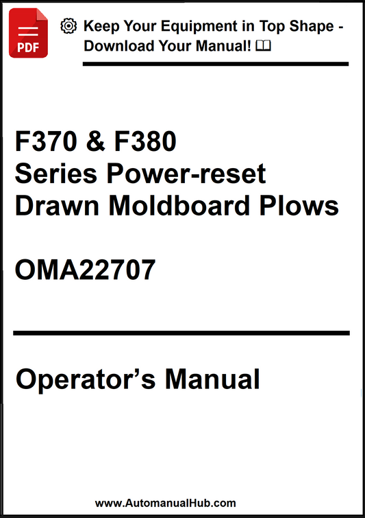 Operator's manual for F370 & F380 Series Power-reset Drawn Moldboard Plows with a download prompt.