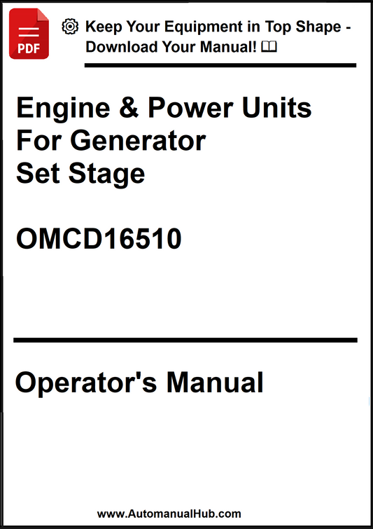 Operator's manual for engine and power units for generator set stage OMCD16510 on a white background.