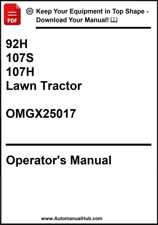 Operator's manual for 92H, 107S, and 107H lawn tractors with a download prompt.