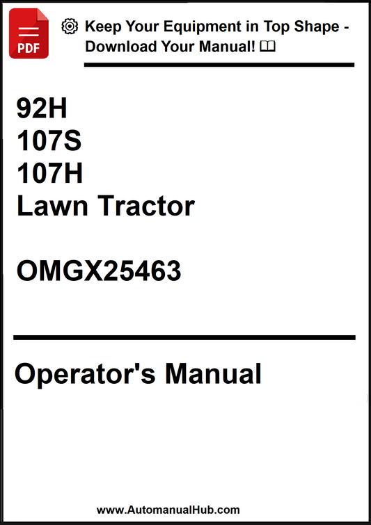 Operator's manual for a lawn tractor with model numbers 92H, 107S, and 107H on a white background.