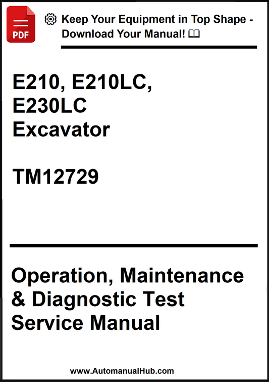 Manual cover for E210, E210LC, E230LC Excavator operation, maintenance, and diagnostic test service manual.