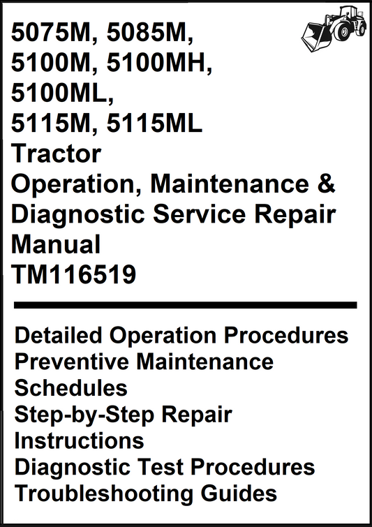 John Deere 5075M, 5085M, 5100M, 5100MH, 5100ML, 5115M, 5115ML Tractor Operation, Maintenance &  Diagnostic Service Repair Manual TM116519 - PDF