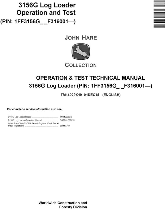 Download PDF For John Deere 3156G Log Loader Operation & Diagnostic Test Service Manual TM14029X19 